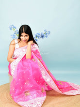Thread Work On Rani Pink Pure Organza Saree